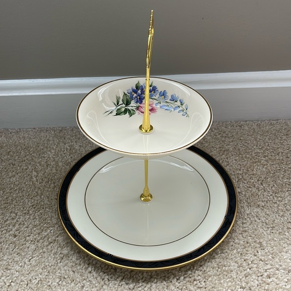 Two Tiered Jewelry Tidbit Cheese Tray Vintage CAMWOOD Ivory 22 Carat Gold Bowl - Picture 6 of 8